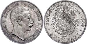 Prussia 2 Mark, 1888, Wilhelm II., small ... 