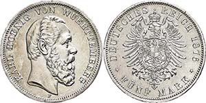 Württemberg 5 Mark, 1876, Karl, edge nick, ... 