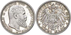 Württemberg 2 Mark, 1905, Wilhelm II., vz ... 