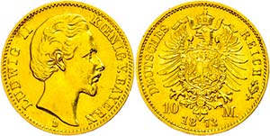 Bavaria 10 Mark, 1873, Ludwig II., small ... 