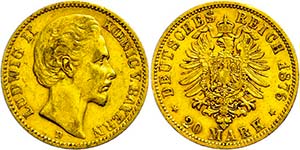 Bayern 20 Mark, 1876, Ludwig II., kl. Rf., ... 