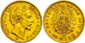 Bayern 20 Mark, 1876, Ludwig II., kl. Rf., ... 