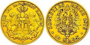 Hamburg 10 Mark, 1875, kl. Rf., ss., ... 