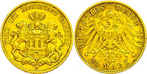 Hamburg 20 Mark, 1893, kl. Rf., ss., ... 