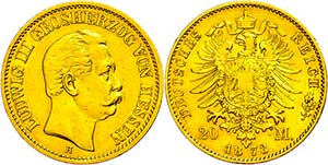 Hessen 20 Mark, 1872, Ludwig III., leicht ... 