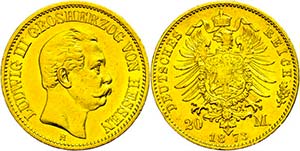 Hessen 20 Mark, 1873, Ludwig III., wz. Rf., ... 