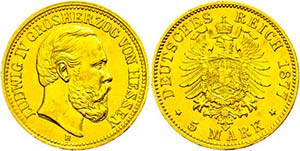 Hesse 5 Mark, 1877, Ludwig IV., extremley ... 