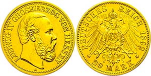 Hessen 20 Mark, 1892, Ludwig IV., wz. Rf., ... 