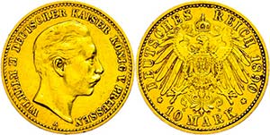 Prussia 10 Mark, 1890, Wilhelm II., tiny ... 