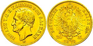 Sachsen 20 Mark, 1873, Johann, kl. Rf., ... 