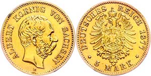 Sachsen 5 Mark, 1877, Albert, Fassungsspur, ... 