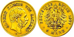 Saxony 5 Mark, 1877, Albert, very fine., ... 