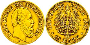 Württemberg 10 Mark, 1881, Karl, kl. Rf., ... 