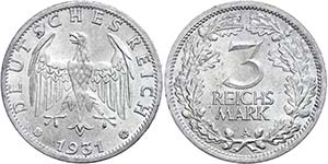 Münzen Weimar 3 Reichsmark, 1931, A, kl. ... 