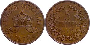 Coins German Colonies DOA, 5 Heller, 1908, ... 