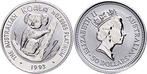 Australia 50 Dollars, Platinum, 1993, koala, ... 