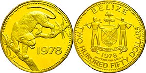 Belize 250 Dollars, Gold, 1978, jaguar, in ... 
