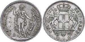 Italy Genoa, 4 liras, 1795, very fine.  ss