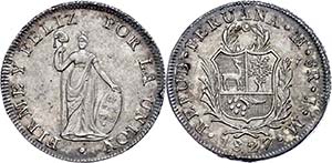Peru 8 Real, 1827, JM, Lima, KM 142.1, ... 
