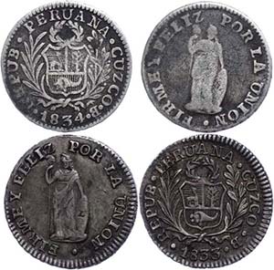 Peru Lot zu 2 x 1/2 Reales der Jahre 1833 B ... 