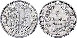 Schweiz Genf, 5 Francs, 1848, HMZ 2-364a, ... 