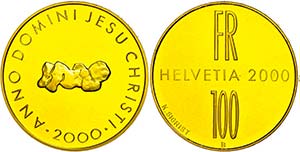 Switzerland 100 Franc, Gold, 2000, holy year ... 