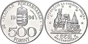 Hungary 500 forint, silver, 1994, proof, EU, ... 