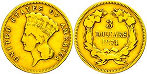Coins USA 3 Dollars, Gold, 1874, ... 