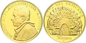 Vatican 50 Euro Gold, 2007, last Eucharist, ... 
