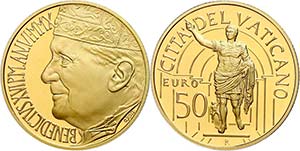 Vatican 50 Euro Gold, 2010, bronze statue of ... 