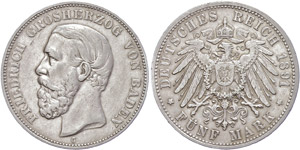 Baden 5 Mark, 1891, Friedrich I., margin ... 