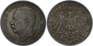 Baden 3 Mark, 1915, Friedrich II., wz. Rf., ... 