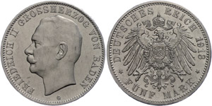 Baden 5 Mark, 1913, Friedrich II., small ... 