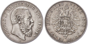 Hessen 2 Mark, 1888, Ludwig IV, fast vz, ... 