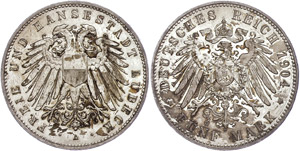 Lübeck 5 Mark, 1904, etwas berieben, kl. ... 