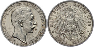 Preußen 3 Mark,1909, Wilhelm II., kl. Rf., ... 