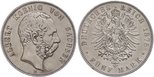 Saxony 5 Mark 1876, Albert, almost extremley ... 