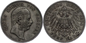 Saxony 5 Mark, 1904, Georg, small edge nick, ... 