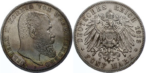 Württemberg 5 Mark,1913, Wilhelm II., kl. ... 