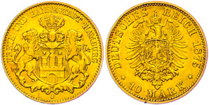 Hamburg 10 Mark, 1875, margin fault, very ... 