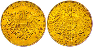 Lübeck 10 Mark, 1901, small edge nick, ... 