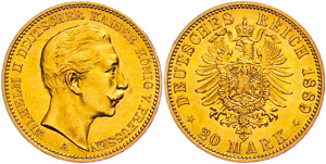 Prussia 20 Mark, Wilhelm II., J. 250, ... 
