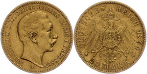Prussia 20 Mark, Wilhelm II., J. 252, very ... 