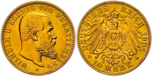 Württemberg 10 Mark, Wilhelm II., J. 295, ... 