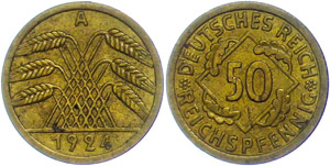 Münzen Weimar 50 Reichspfennig,1924, A, kl. ... 