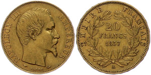 Frankreich 20 Francs, 1857, Gold, Napoleon ... 