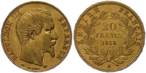 Frankreich 20 Francs, 1858, Gold, Napoleon ... 
