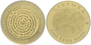 Lithuania 100 Litu, 2007, gold 1000 years ... 