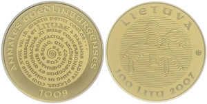 Lithuania 100 Litu, 2007, gold, 1000 years ... 