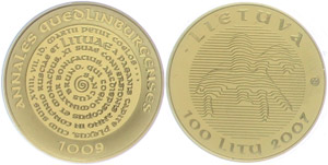 Lithuania 100 Litu, 2007, gold, 1000 years ... 